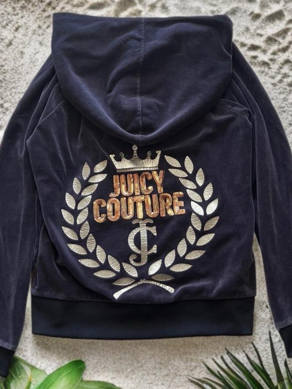 Y2K Juicy Couture Navy Velour Hoodie with Metallic Gold & Silver Logo